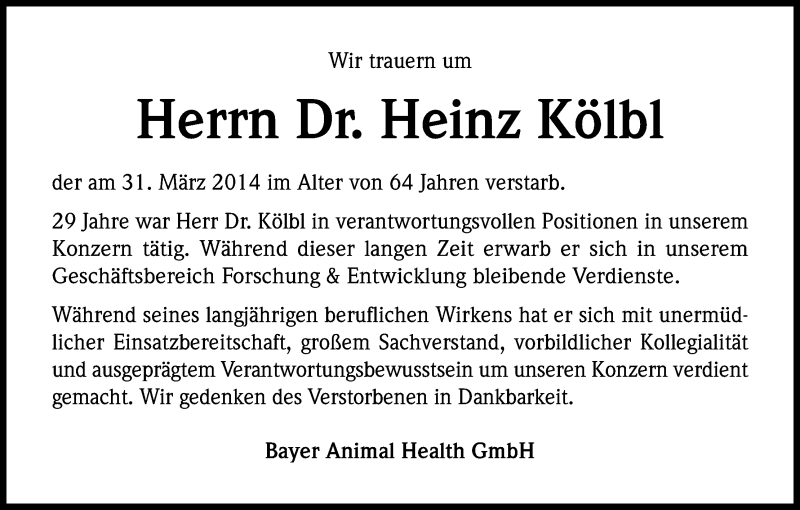 Traueranzeige für Heinz Kölbl vom 14.04.2014 aus Kölner Stadt-Anzeiger / Kölnische Rundschau / Express