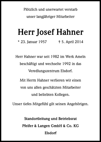 Anzeige von Josef Hahner von Kölner Stadt-Anzeiger / Kölnische Rundschau / Express