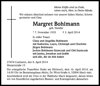 Anzeige von Margret Bohlmann von Kölner Stadt-Anzeiger / Kölnische Rundschau / Express