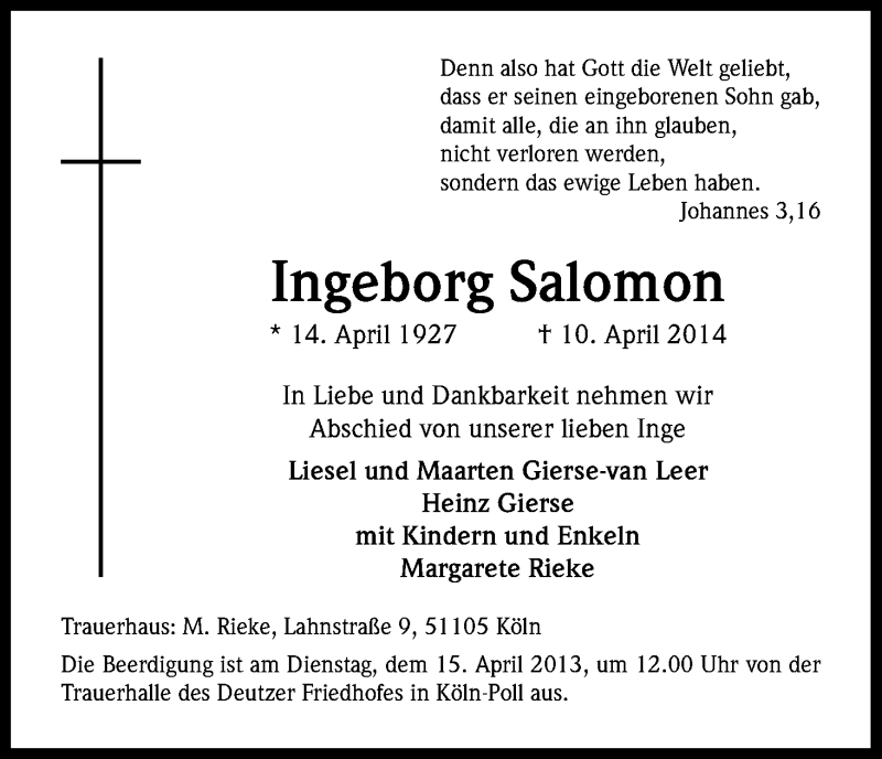  Traueranzeige für Ingeborg Salomon vom 14.04.2014 aus Kölner Stadt-Anzeiger / Kölnische Rundschau / Express