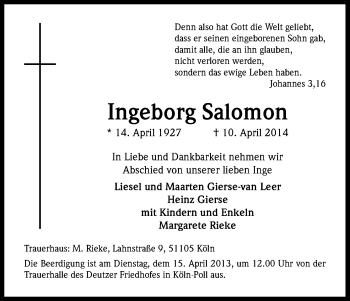 Anzeige von Ingeborg Salomon von Kölner Stadt-Anzeiger / Kölnische Rundschau / Express