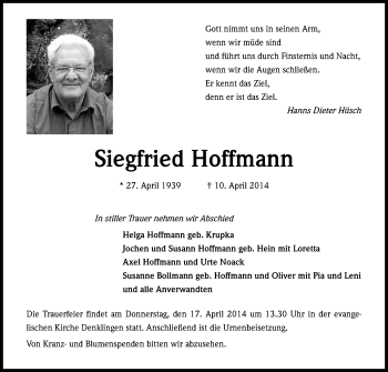 Anzeige von Siegfried Hoffmann von Kölner Stadt-Anzeiger / Kölnische Rundschau / Express