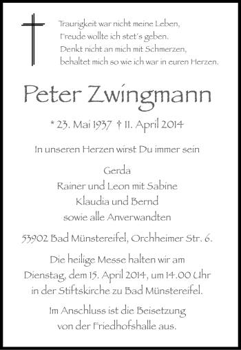 Anzeige von Peter Zwingmann von Kölner Stadt-Anzeiger / Kölnische Rundschau / Express