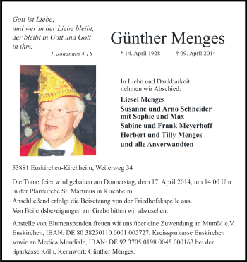 Anzeige von Günther Menges von Kölner Stadt-Anzeiger / Kölnische Rundschau / Express