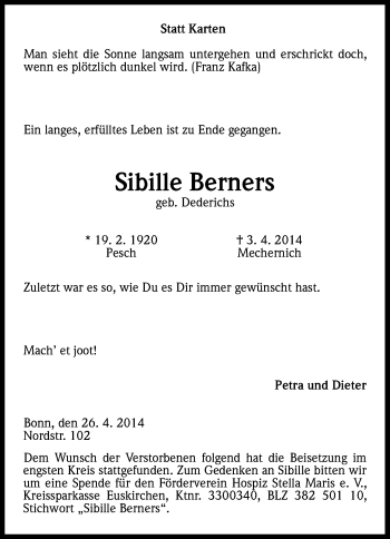 Anzeige von Sibille Berners von Kölner Stadt-Anzeiger / Kölnische Rundschau / Express