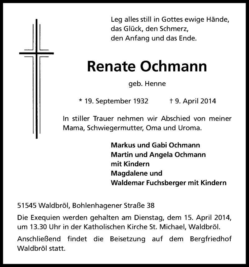  Traueranzeige für Renate Ochmann vom 15.04.2014 aus Kölner Stadt-Anzeiger / Kölnische Rundschau / Express