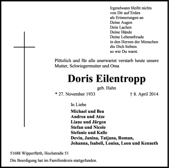 Anzeige von Doris Eilentropp von Kölner Stadt-Anzeiger / Kölnische Rundschau / Express