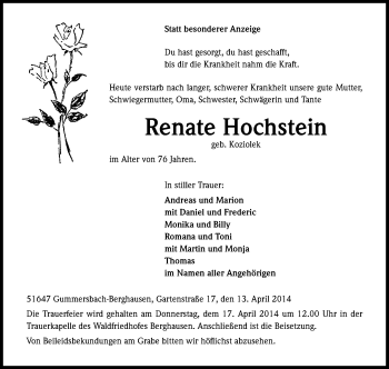 Anzeige von Renate Hochstein von Kölner Stadt-Anzeiger / Kölnische Rundschau / Express