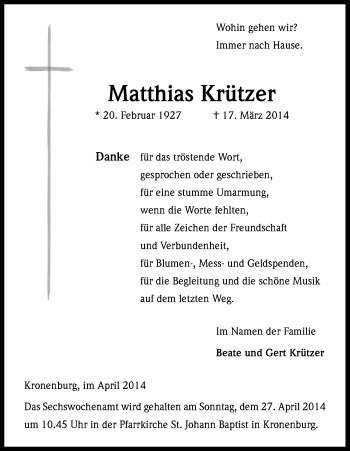 Anzeige von Matthias Krützer von Kölner Stadt-Anzeiger / Kölnische Rundschau / Express