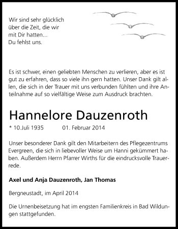 Anzeige von Hannelore Dauzenroth von Kölner Stadt-Anzeiger / Kölnische Rundschau / Express