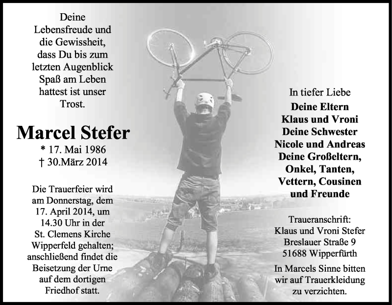  Traueranzeige für Marcel Stefer vom 15.04.2014 aus Kölner Stadt-Anzeiger / Kölnische Rundschau / Express