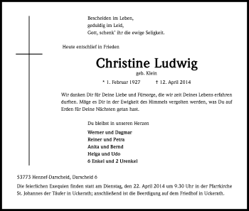 Anzeige von Christine Ludwig von Kölner Stadt-Anzeiger / Kölnische Rundschau / Express