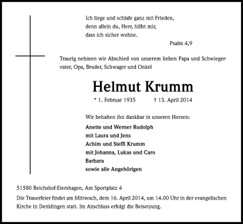 Anzeige von Helmut Krumm von Kölner Stadt-Anzeiger / Kölnische Rundschau / Express