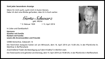 Anzeige von Gerta Schwarz von Kölner Stadt-Anzeiger / Kölnische Rundschau / Express