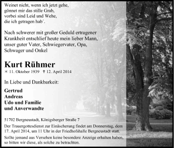 Anzeige von Kurt Rühmer von Kölner Stadt-Anzeiger / Kölnische Rundschau / Express