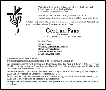 Anzeige von Gertrud Paus von Kölner Stadt-Anzeiger / Kölnische Rundschau / Express