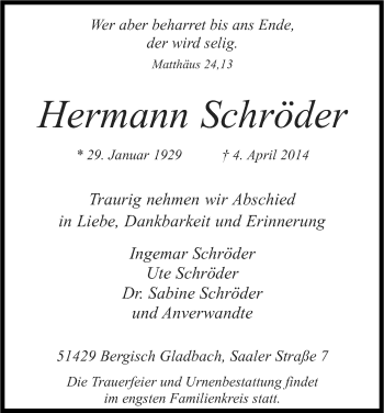 Anzeige von Hermann Schröder von Kölner Stadt-Anzeiger / Kölnische Rundschau / Express
