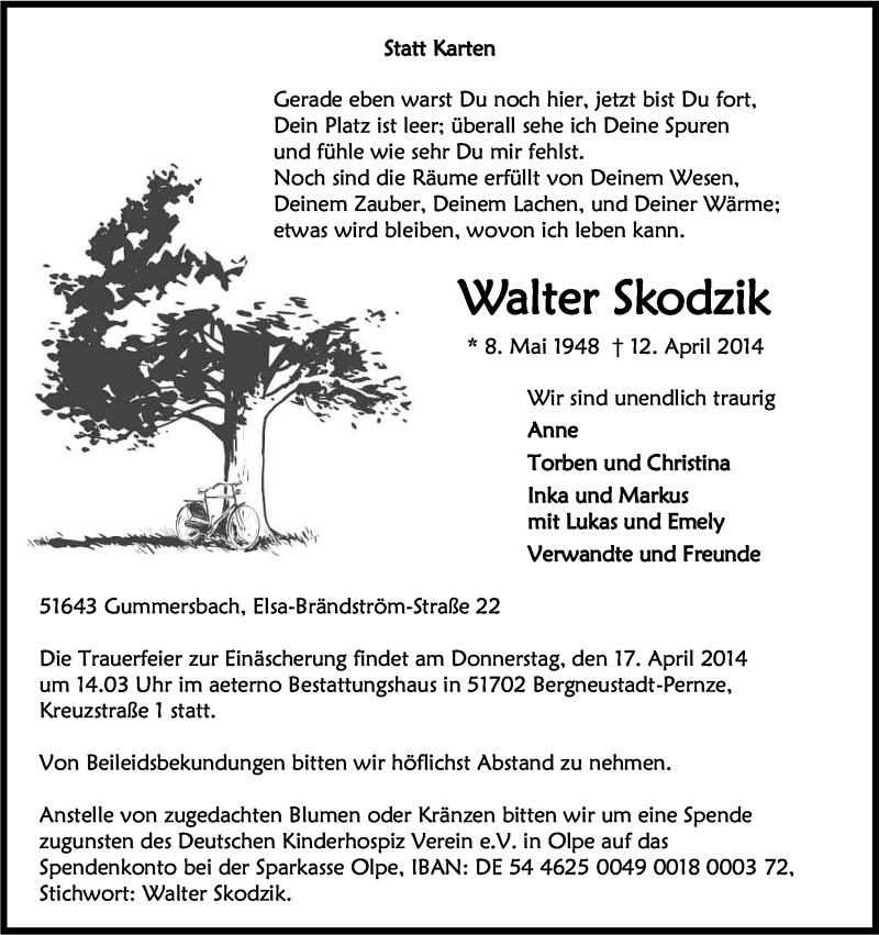  Traueranzeige für Walter Skodzik vom 15.04.2014 aus Kölner Stadt-Anzeiger / Kölnische Rundschau / Express