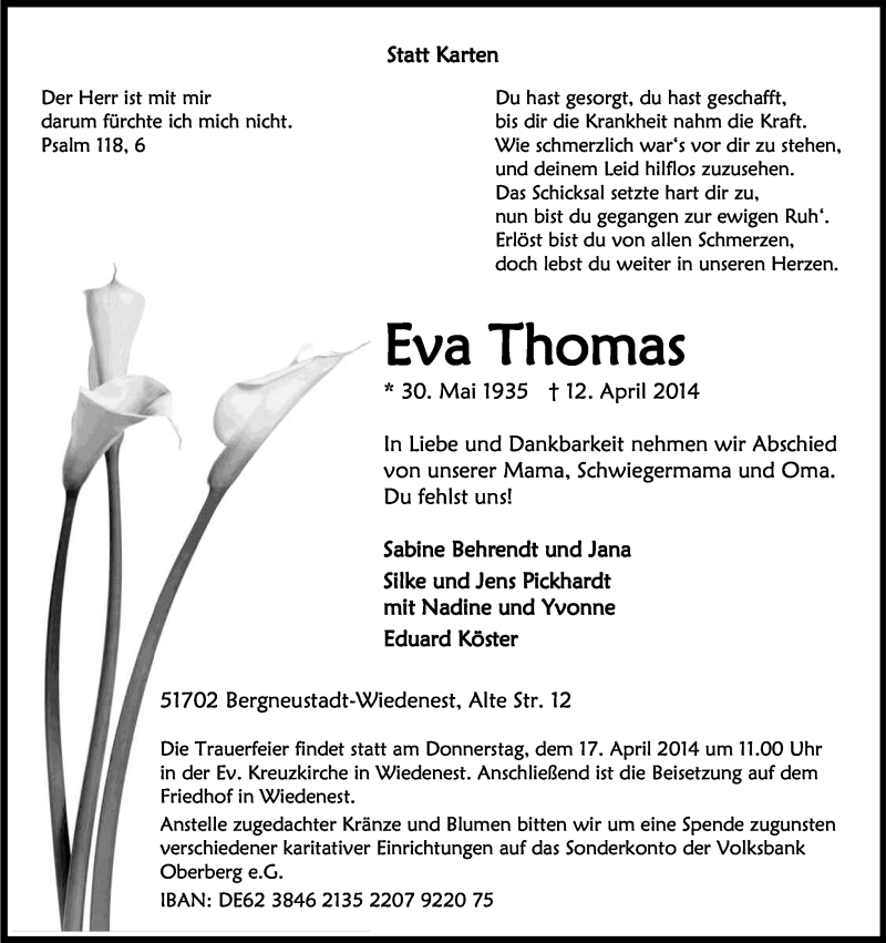  Traueranzeige für Eva Thomas vom 15.04.2014 aus Kölner Stadt-Anzeiger / Kölnische Rundschau / Express