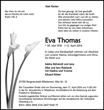 Anzeige von Eva Thomas von Kölner Stadt-Anzeiger / Kölnische Rundschau / Express