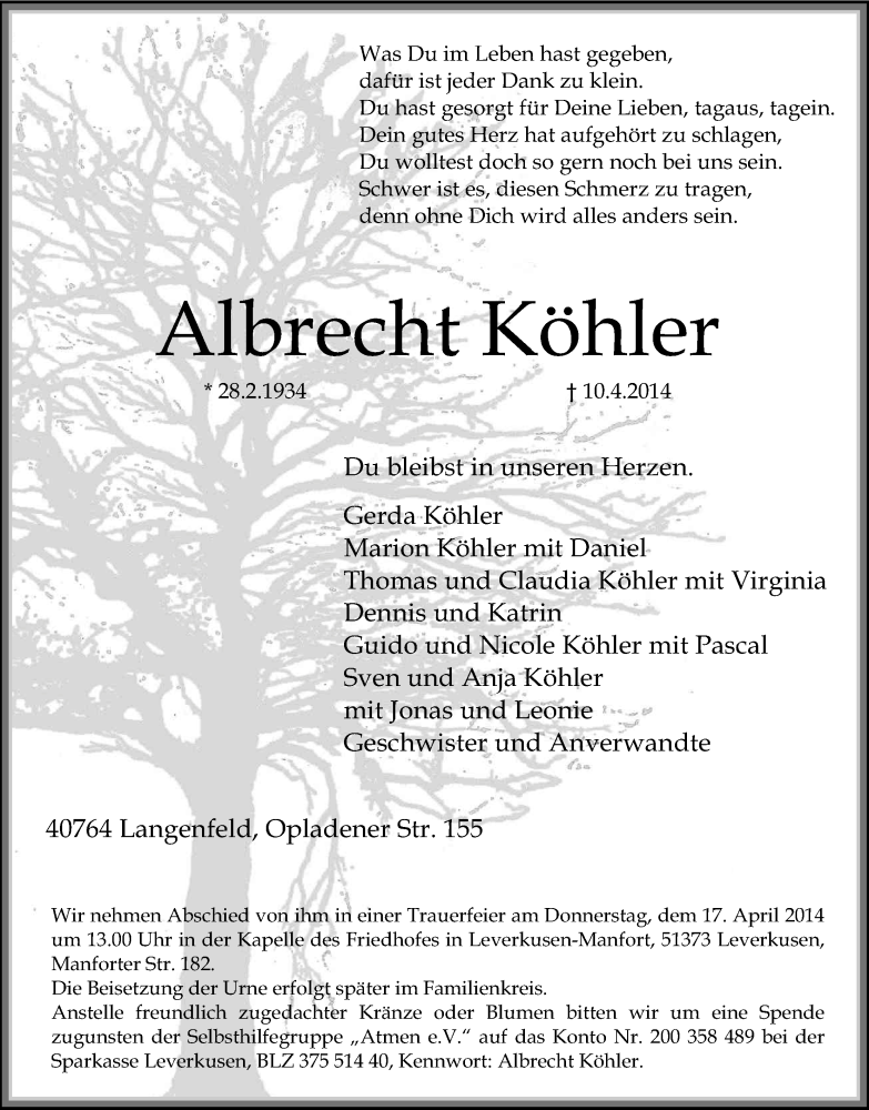  Traueranzeige für Albrecht Köhler vom 15.04.2014 aus Kölner Stadt-Anzeiger / Kölnische Rundschau / Express