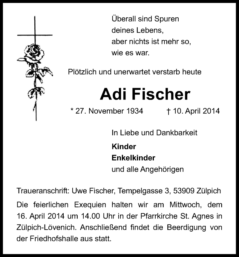  Traueranzeige für Adi Fischer vom 15.04.2014 aus Kölner Stadt-Anzeiger / Kölnische Rundschau / Express
