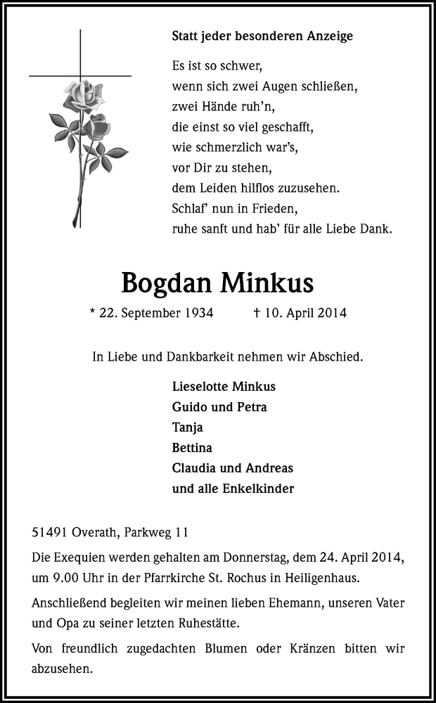  Traueranzeige für Bogdan Minkus vom 16.04.2014 aus Kölner Stadt-Anzeiger / Kölnische Rundschau / Express