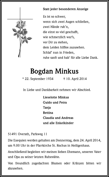 Anzeige von Bogdan Minkus von Kölner Stadt-Anzeiger / Kölnische Rundschau / Express