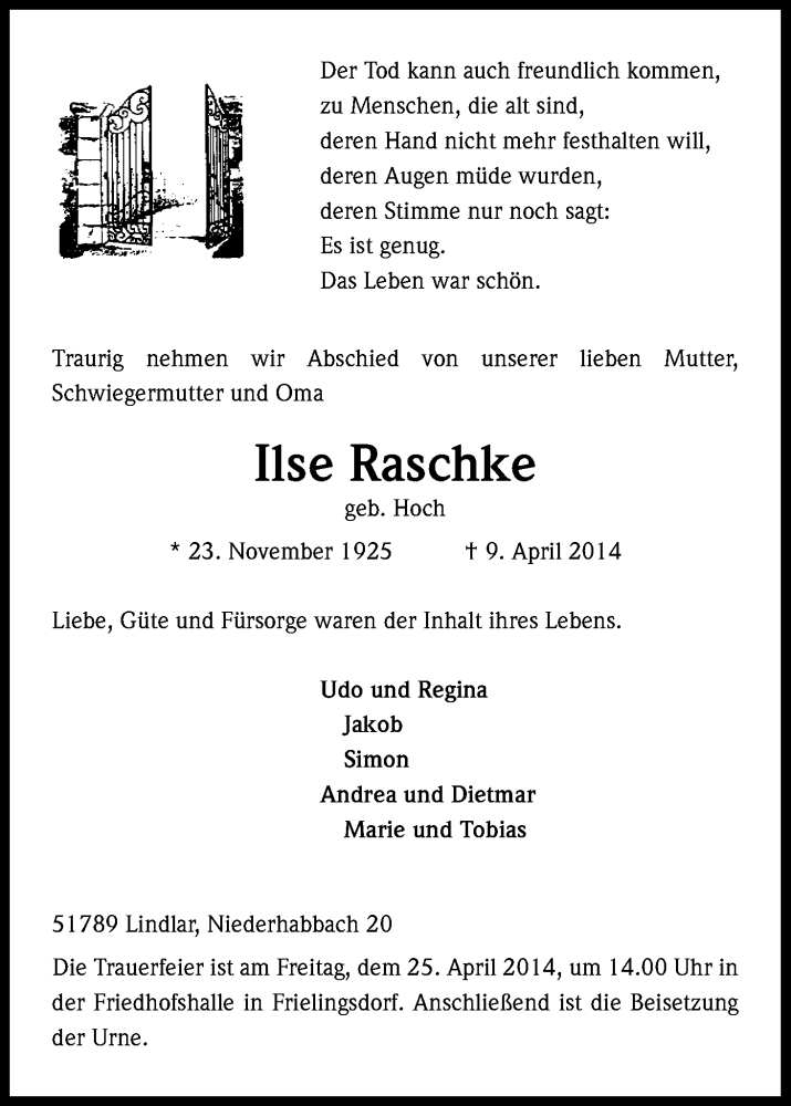  Traueranzeige für Ilse Raschke vom 15.04.2014 aus Kölner Stadt-Anzeiger / Kölnische Rundschau / Express