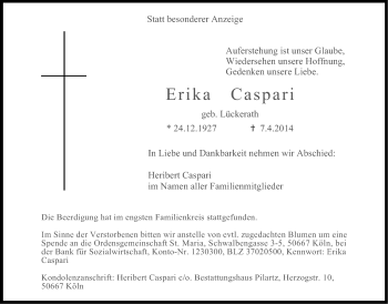 Anzeige von Erika Caspari von Kölner Stadt-Anzeiger / Kölnische Rundschau / Express