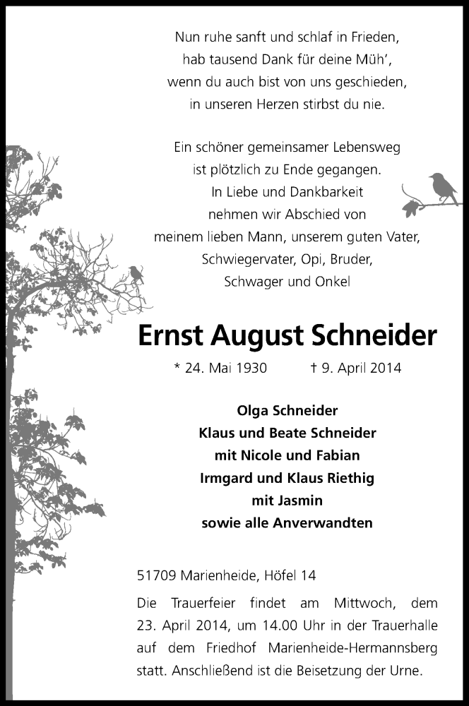  Traueranzeige für Ernst August Schneider vom 15.04.2014 aus Kölner Stadt-Anzeiger / Kölnische Rundschau / Express