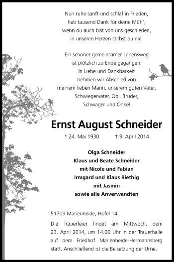 Anzeige von Ernst August Schneider von Kölner Stadt-Anzeiger / Kölnische Rundschau / Express