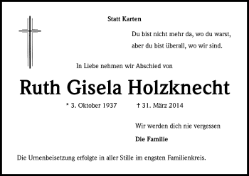 Anzeige von Ruth Gisela Holzknecht von Kölner Stadt-Anzeiger / Kölnische Rundschau / Express