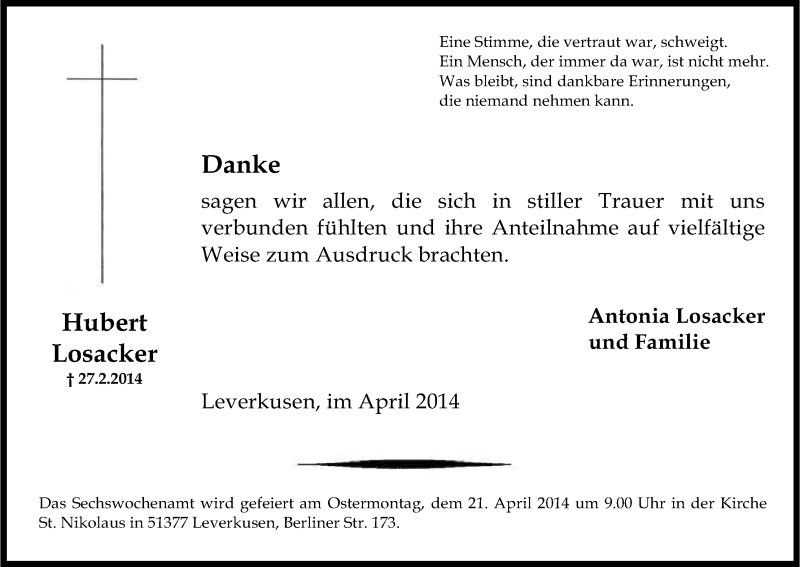  Traueranzeige für Hubert Losacker vom 15.04.2014 aus Kölner Stadt-Anzeiger / Kölnische Rundschau / Express