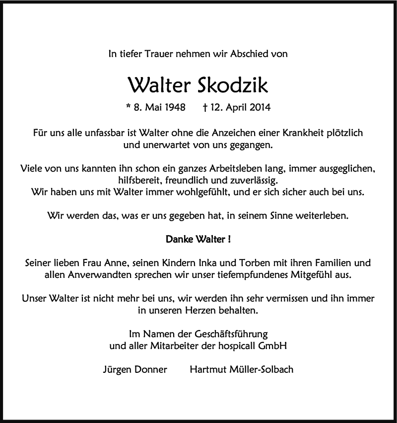  Traueranzeige für Walter Skodzik vom 15.04.2014 aus Kölner Stadt-Anzeiger / Kölnische Rundschau / Express