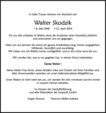 Anzeige von Walter Skodzik von Kölner Stadt-Anzeiger / Kölnische Rundschau / Express