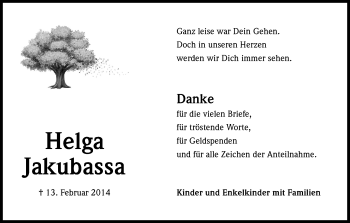 Anzeige von Helga Jakubassa von Kölner Stadt-Anzeiger / Kölnische Rundschau / Express