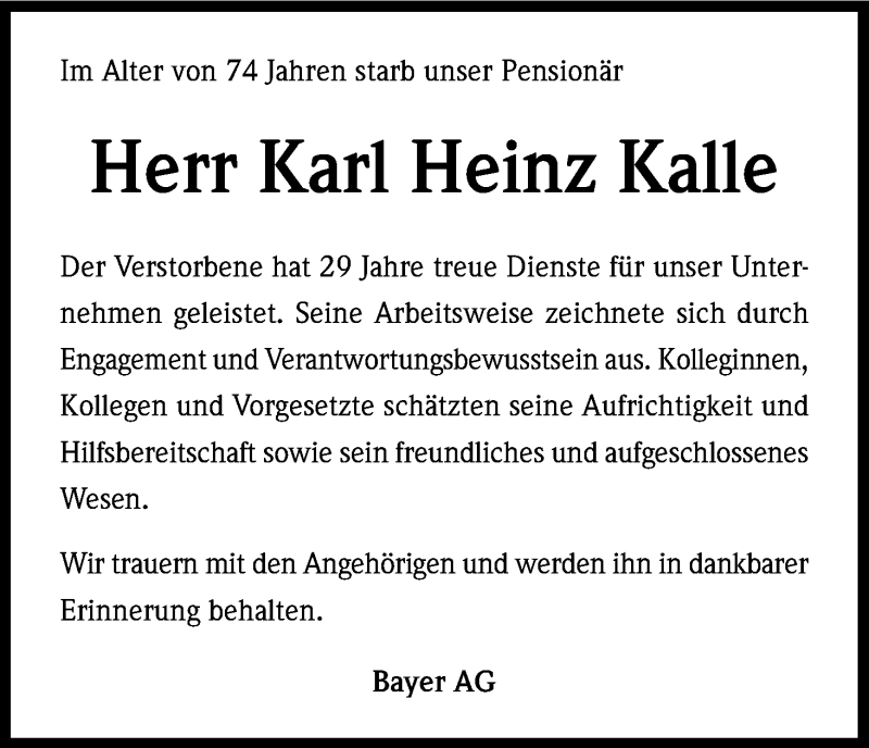  Traueranzeige für Karl Heinz Kalle vom 15.04.2014 aus Kölner Stadt-Anzeiger / Kölnische Rundschau / Express