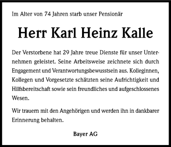 Anzeige von Karl Heinz Kalle von Kölner Stadt-Anzeiger / Kölnische Rundschau / Express