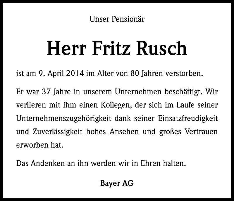  Traueranzeige für Fritz Rusch vom 15.04.2014 aus Kölner Stadt-Anzeiger / Kölnische Rundschau / Express
