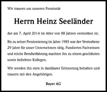Anzeige von Heinz Seeländer von Kölner Stadt-Anzeiger / Kölnische Rundschau / Express