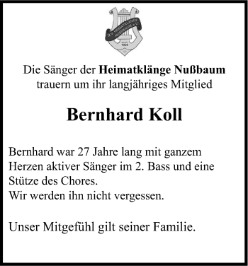 Anzeige von Bernhard Koll von Kölner Stadt-Anzeiger / Kölnische Rundschau / Express