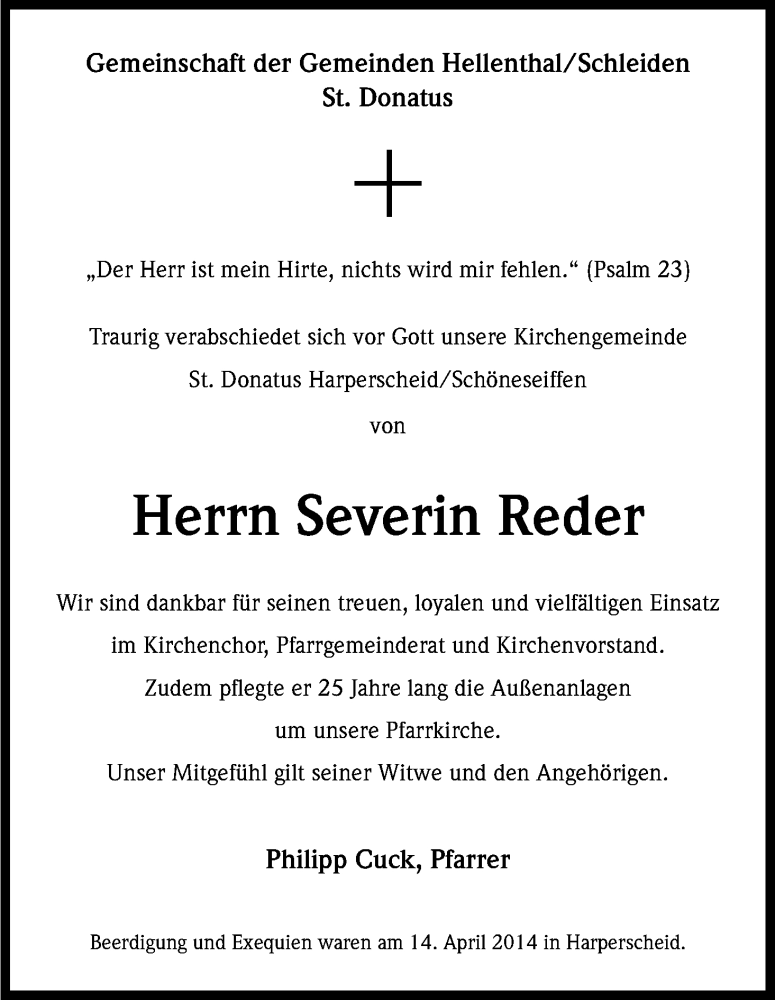  Traueranzeige für Severin Reder vom 15.04.2014 aus Kölner Stadt-Anzeiger / Kölnische Rundschau / Express