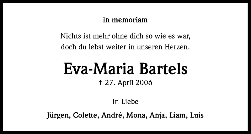  Traueranzeige für Eva-Maria Bartels vom 26.04.2014 aus Kölner Stadt-Anzeiger / Kölnische Rundschau / Express