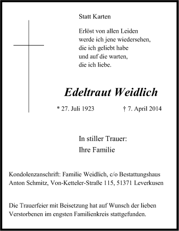Anzeige von Edeltraut Weidlich von Kölner Stadt-Anzeiger / Kölnische Rundschau / Express