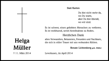 Anzeige von Helga Müller von Kölner Stadt-Anzeiger / Kölnische Rundschau / Express