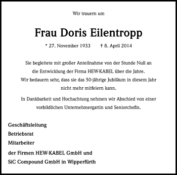 Anzeige von Doris Eilentropp von Kölner Stadt-Anzeiger / Kölnische Rundschau / Express