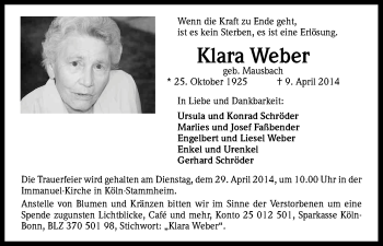 Anzeige von Klara Weber von Kölner Stadt-Anzeiger / Kölnische Rundschau / Express
