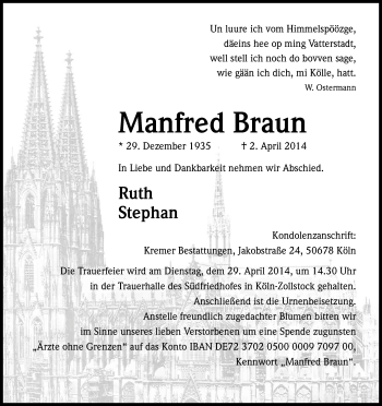 Anzeige von Manfred Braun von Kölner Stadt-Anzeiger / Kölnische Rundschau / Express