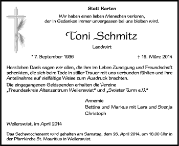 Anzeige von Toni Schmitz von Kölner Stadt-Anzeiger / Kölnische Rundschau / Express